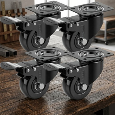 50mm Swivel Castor Wheels Rubber Furniture Trolley Casters With Brakes4 Pack from B&Q