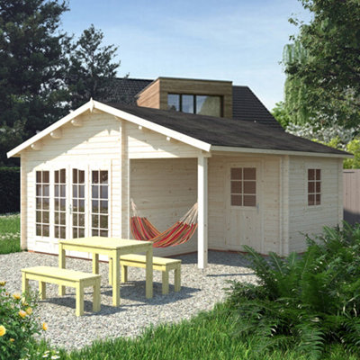 B&Q -  Irene Log Cabin5.5M X 5.1M44mm Double Glazed Workshop Style Summer House With Canopy