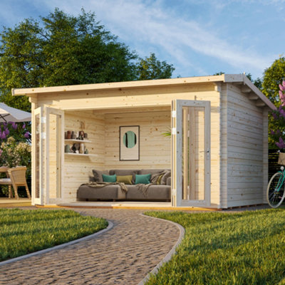 Palmako Ines 11.1 Bi-Fold Summer House - 3.9M X 3.0M - Modern Garden Building 44mm Wall Logs - Double Glazed