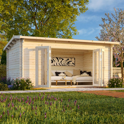 B&Q -  Ines 2 Bi-Fold Summer House4.8M X 3M44mm Wall Logs Double Glazing
