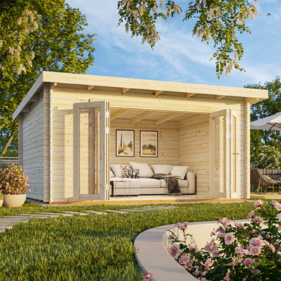 Palmako Lea 14.2 Bi-Fold Summer House - 4.5M X 3.3M - Modern Garden Building 44mm Wall Logs - Double Glazed