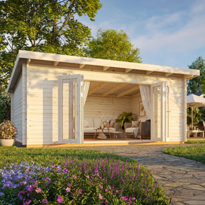 Palmako Lea 19.4 Bi-Fold Summer House - 5.3M X 3.8M - Modern Garden Building 44mm Wall Logs - Double Glazed