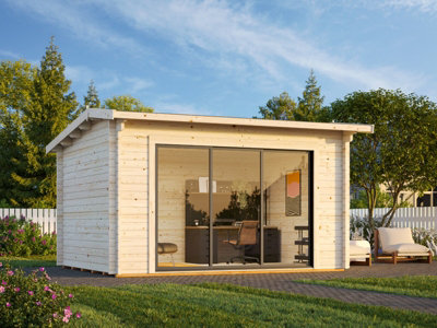 B&Q -  Ines 1 V2 Modern Summer House3.9M X 3M44mm Walls Aluminium Glass Sliding Door Single Glazed