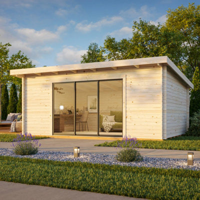 B&Q -  Lea 2 V2 Modern Summer House5.3M X 3.8M44mm Walls Aluminium Glass Sliding Door Single Glazed
