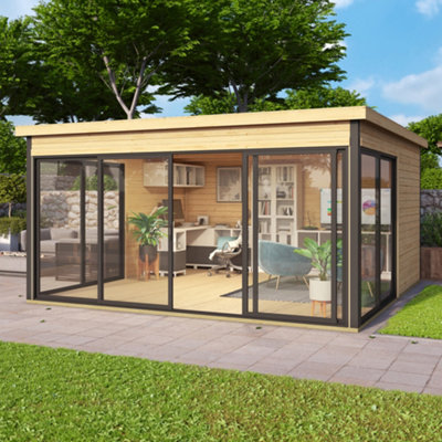 Lasita Maja Lasita Norland Domeo 5 Garden Office Summer House - 4.18M X 4.18M - Anthracite Grey Aluminium Sliding Doors - Double Glazed