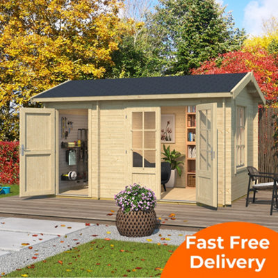 Lasita Maja Lasita Warrington Log Cabin With Side Store - 3.9M X 2.4M - Two Room Garden Summer House