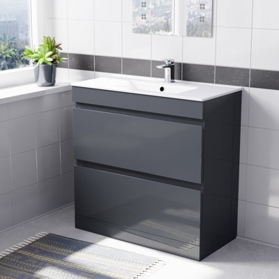 Nes Home Dark Grey 800mm 2 Drawers Vanity Cabinet & Slim Basin Sink Freestanding from B&Q