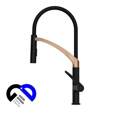 Hommix Rubineta Ultima-50 Black / Rose Gold Silicon Neck Pull Out Kitchen Mixer from B&Q