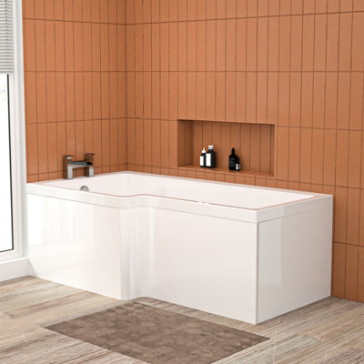 Nes Home L Shaped Lh 1600mm Curved Shower Bath Acrylic & Front Panel