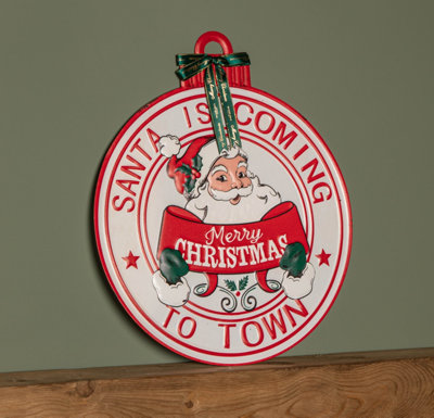 47cm Round Metal Santa is Coming to Town Christmas Sign in Red & White