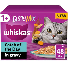 48 x 85g Whiskas 1+ Catch of the Day Adult Wet Cat Food Pouches in Gravy