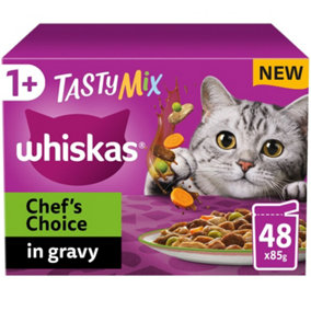 48 x 85g Whiskas 1+ Chef's Choice Mixed Adult Wet Cat Food Pouches in Gravy