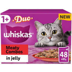 48 x 85g Whiskas 1+ Duo Meaty Combos Mixed Adult Wet Cat Food Pouches in Jelly