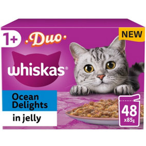 48 x 85g Whiskas 1+ Duo Ocean Delights Mixed Adult Wet Cat Food Pouches in Jelly