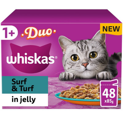 48 x 85g Whiskas 1+ Duo Surf & Turf Mixed Adult Wet Cat Food Pouches in Jelly