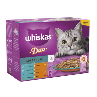 48 x 85g Whiskas 1+ Duo Surf & Turf Mixed Adult Wet Cat Food Pouches in Jelly