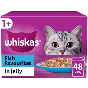 48 x 85g Whiskas 1+ Fish Favourites Mixed Adult Wet Cat Food Pouches in Jelly