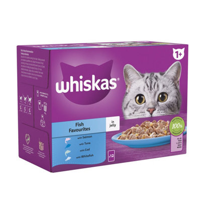 48 x 85g Whiskas 1+ Fish Favourites Mixed Adult Wet Cat Food Pouches in Jelly