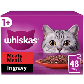 48 x 85g Whiskas 1+ Meaty Meals Mixed Adult Wet Cat Food Pouches in Gravy