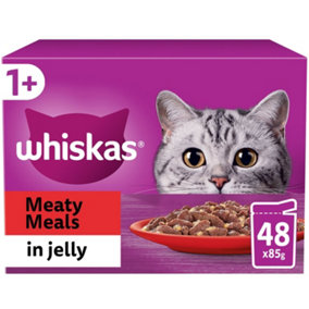 48 x 85g Whiskas 1+ Meaty Meals Mixed Adult Wet Cat Food Pouches in Jelly