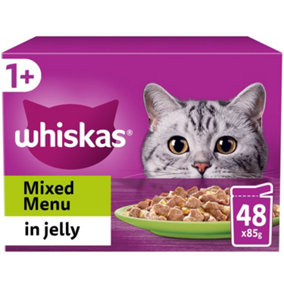 48 x 85g Whiskas 1+ Mixed Menu Adult Wet Cat Food Pouches in Jelly