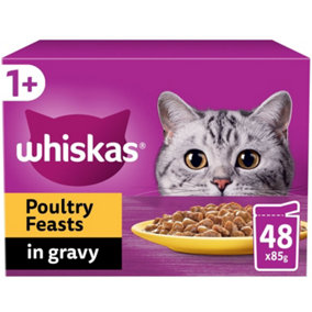 48 x 85g Whiskas 1+ Poultry Feasts Mixed Adult Wet Cat Food Pouches in Gravy