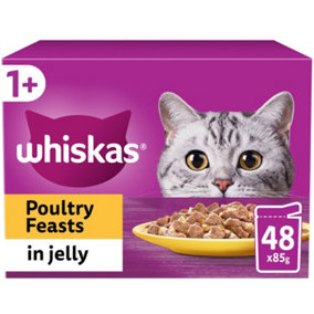 48 x 85g Whiskas 1+ Poultry Feasts Mixed Adult Wet Cat Food Pouches in Jelly