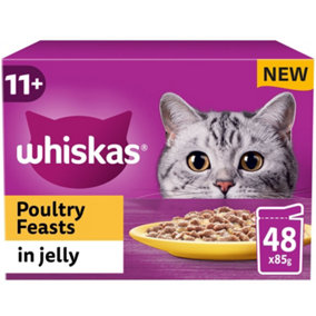 48 x 85g Whiskas 11+ Poultry Feasts Mixed Senior Wet Cat Food Pouches in Jelly