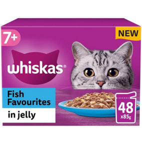 48 x 85g Whiskas 7+ Fish Favourites Mixed Senior Wet Cat Food Pouches in Jelly