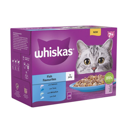 48 x 85g Whiskas 7+ Fish Favourites Mixed Senior Wet Cat Food Pouches in Jelly
