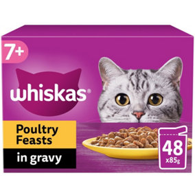 48 x 85g Whiskas 7+ Poultry Feasts Mixed Senior Wet Cat Food Pouches in Gravy