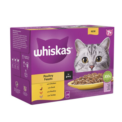 48 x 85g Whiskas 7+ Poultry Feasts Mixed Senior Wet Cat Food Pouches in Gravy
