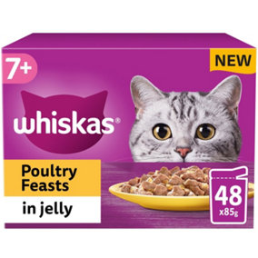 48 x 85g Whiskas 7+ Poultry Feasts Mixed Senior Wet Cat Food Pouches in Jelly