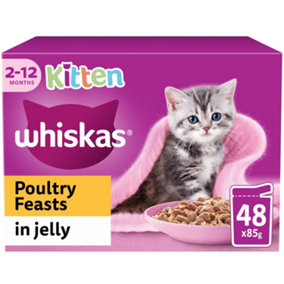 48 x 85g Whiskas Kitten Poultry Feasts Mixed Wet Cat Food Pouches in Jelly