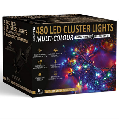 480 LED Cluster String Lights 6M Indoor/Outdoor Christmas Lights - Multi-Colour