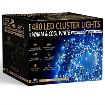 480 LED Cluster String Lights 6M Indoor/Outdoor Christmas Lights - Warm & Cool White