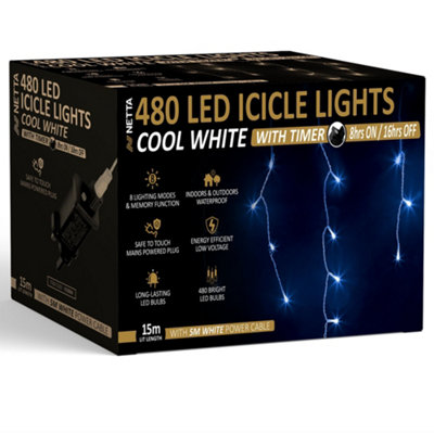 480 LED Icicle Lights 15M Indoor/Outdoor Christmas Lights with White Cable - Cool White