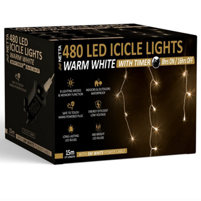 480 LED Icicle Lights 15M Indoor/Outdoor Christmas Lights with White Cable - Warm White