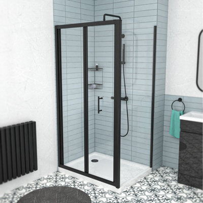 Nes Home Black 900mm Bi-Fold Shower Door700mm Side Panel Tempered Glass from B&Q