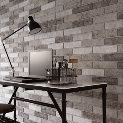 Top Ceramics Grey Brick Effect Tiles Wall Porcelain Tile (L)250mm X (W)60mm Each Box 0.69Sqm from B&Q