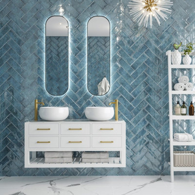 Top Ceramics Blue Gloss Metro Ceramic Wall Tile Flat Bumpy (L)300mm X (W)100mm Each Box 0.96Sqm from B&Q
