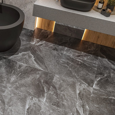 B&Q -  Dark Slate Tiles Porcelain Matt Floor Wall (L)60Cm X (W)60Cm Each Box 1.08Sqm