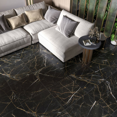 B&Q -  Black Marble Tiles Porcelain Matt Floor Wall (L)60Cm X (W)60Cm Each Box 1.08Sqm