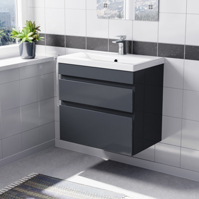 Nes Home Dark Grey 600mm Pvc 2 Drawer Wall Hung Vanity Cabinet & Basin Sink Unit from B&Q