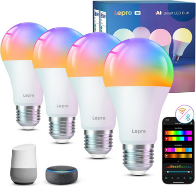 Lepro B2 Ai Smart Bulb E27 ScrewMusic Sync1100Lm Wifi BulbAi Lighting Design Assistant,work With Alexa & Google Home,4 Packs from B&Q