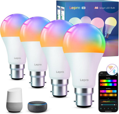 Lepro B2 Ai Smart Bulb Bayonet1100Lm Music Sync B22 Wifi Bulb,ai Lighting Design Assistant,work With Alexa & Google Home,4 Packs from B&Q