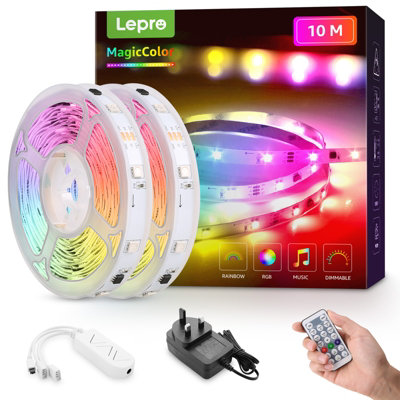 Lepro Rgb+Ic Led Strip Light 10M (5Mx2) Kit, Rainbow Chasing Effect, Remote Control, Music Sync, Dimmable, Dynamic Led Lights