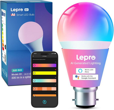 Lepro B1 Ai Smart Bulb B22Music SyncBayonet Wifi Bulb Works With Alexa & Google HomeApp & Voice Control806LmDimmable from B&Q