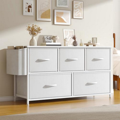  - Feonase Fabric 5 Drawer Storage Cabinet With Side PocketWide Dresser Chest For BedroomHallwayNursery & ClosetMetal Frame