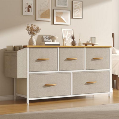  - Feonase Fabric 5 Drawer Storage Cabinet With Side PocketWide Dresser Chest For BedroomHallwayNursery & ClosetMetal Frame